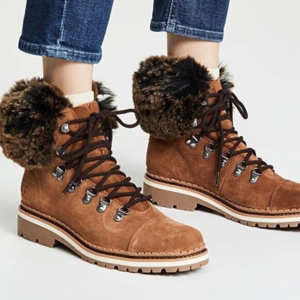 Sam Edelman Bowen Brown Leather Fur Lined Lace Up Boots Size 7.5